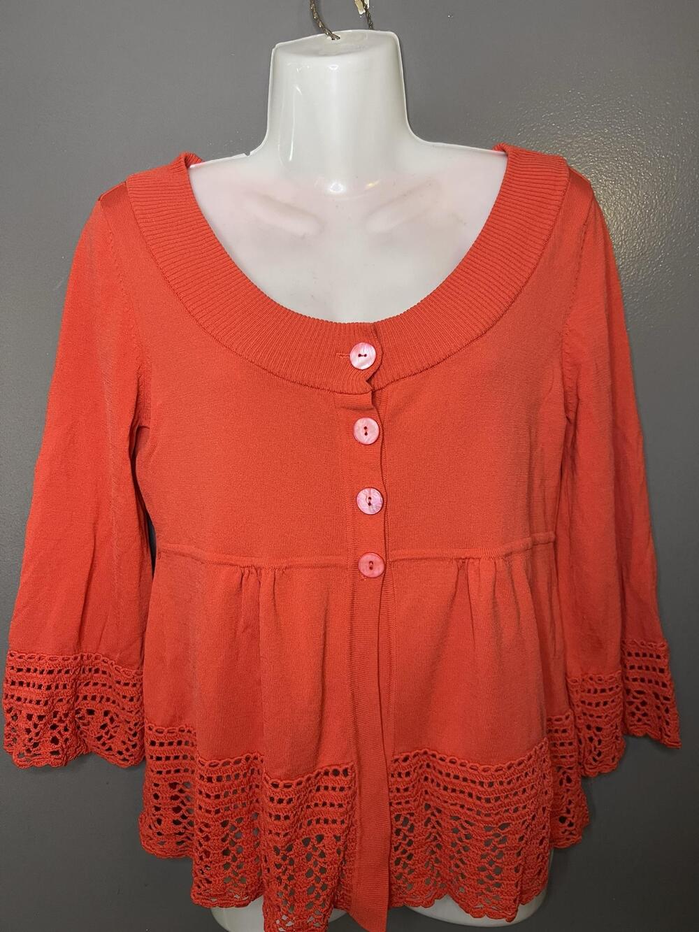 Linda Matthews Cardigan Sweater Womens Small Orange Crochet Hem 3/4 Sleeve